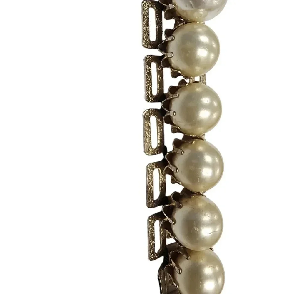 Vintage Faux Pearl Beaded Link Bangle Bracelet Gold Tone Box Clasp
